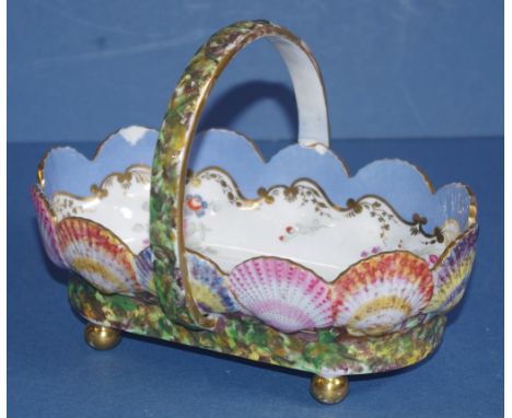 Spode hand painted basket form bowl hand painted floral decoration to interior, shell forms to exterior. Quad footed. Painted