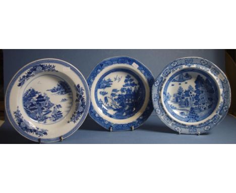 Three various Spode blue & white soup bowls printed in chinoiserie patterns. 1 with impressed mark to base. 1 with David Drak