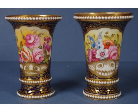 Pair of hand painted Spode bone china beaded vases with cobalt blue, gilt and floral decoration, pattern no: 2575, C:1820, H1