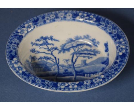Spode blue and white toy (miniature) pie dish Ex Butcher Collection, L12.5cms approx.