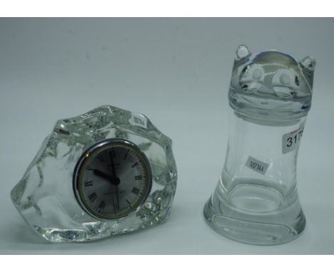 Spode art glass Quartz bedroom clock together with a Spode Cat lidded jar glass vase, both with factory mark to base, H12cm a