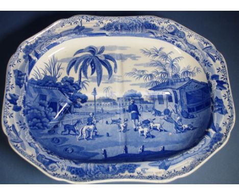 Spode Indian Sporting Series meat platter 'Dooreahs Leading out the Dogs.' Footed, with trough for sauce. Impressed mark, pri