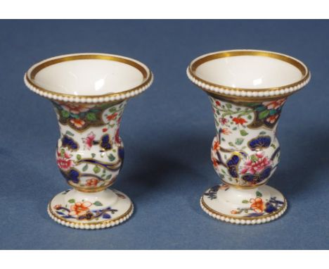 Pair Spode miniature bone china vases Imari pattern. One hand marked SPODE in red,H6.5cms approx (each).