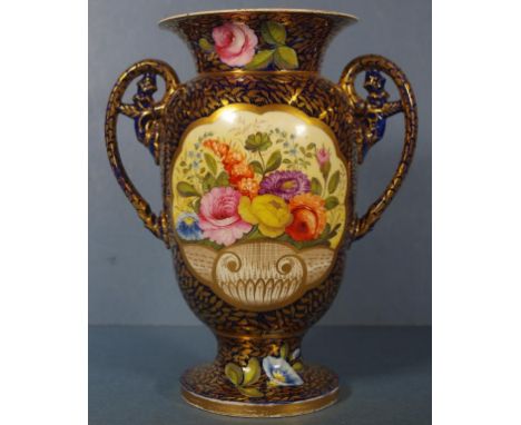 Hand painted Spode china twin handle vase C:1820 with cobalt blue, gilt,and floral decoration, pattern no: 2575, 21cm approx.