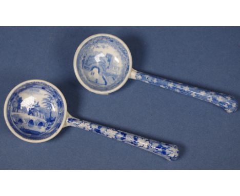 Two similar Spode pearlware sauce ladles transfer printed with 'Tower' and 'Bridge' patterns. Both with printed mark to under