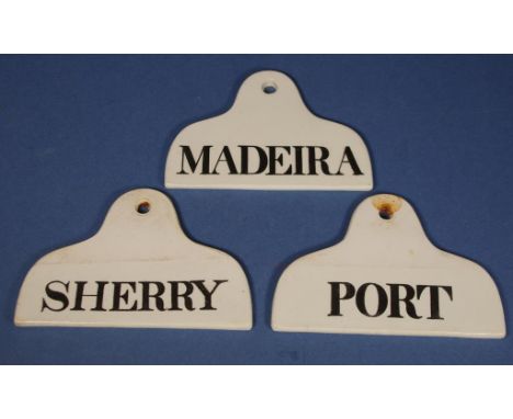 Three antique Spode creamware wine barrel labels Matching shapes; labels for Madeira, Sherry and Port. Width 14cms approx (ea