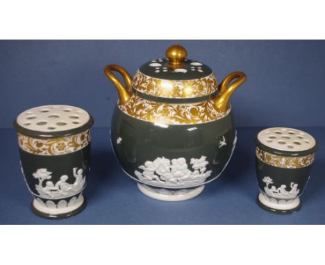 Three matching Spode pot pouri vases All  with classical embossed figures on green ground, and gilt highlights. Including dua