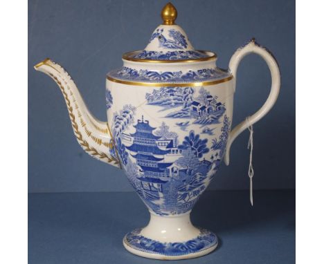 Spode Willow pattern coffee pot with gilding to spout (chipped), handle and rims. (As inspected: poor). H26cms approx.