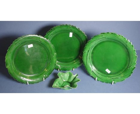 Three Spode green leaf dessert plates together with similar leaf formpickle dish. All with impressed marks to bases. (chips t