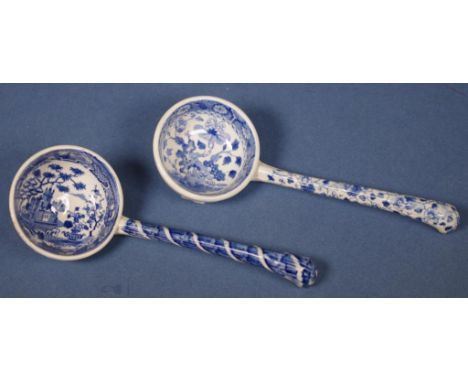 Two similar Spode pearlware sauce ladles transfer printed with 'Gothic Castle' & 'India' patterns; and each with printed SPOD