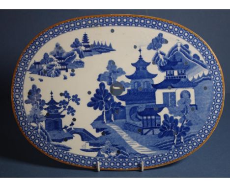 Spode blue & white "Old Willow" drainer with factory mark to base, W34cm approx