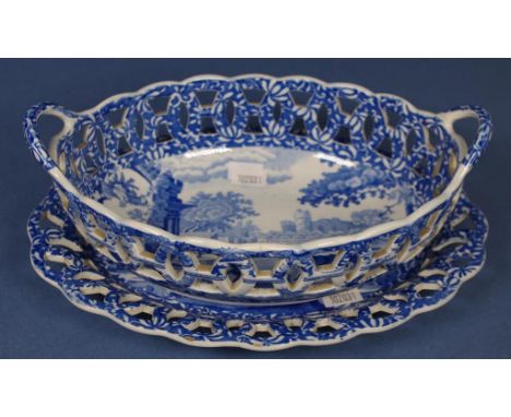 Spode 'Italian' pattern chestnut basket & stand rare dual handled shape. Basket and stand with pierced decoration. Both with 