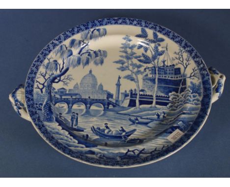 Spode 'Tiber' pattern hot water plate with hot water reservoir below. Printed SPODE mark to base. Dual handled. Dia28.5cms ap