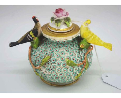 Spode flower & bird encrusted lidded jar no makers mark to base, 9.5cm high approx., as inspected