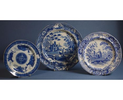 Three various Spode blue & white plates including 'Girl at the Well' pattern side plate, printed mark to base; 'Gothic Castle