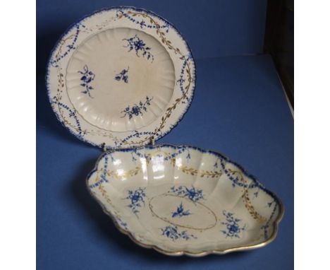 Spode pearlware dessert bowl and plate painted with sprigs, festoons and scratch edge in cyanine with gilt edge,impressed mar