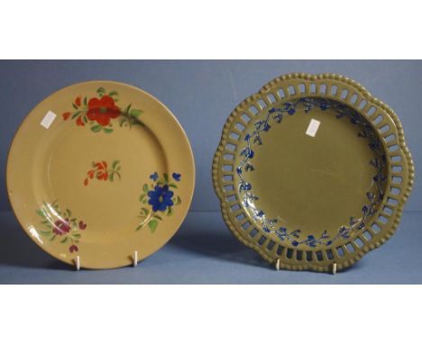 Two various Spode drabware plates Including floral decorated, impressed mark and Worlock label to base; & ribbon plate, embos