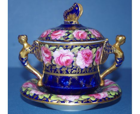 Hand painted Spode chocolate cup/saucer& lid C1820 with twin angel shaped handles and butterfly finial to lid,decorated with 