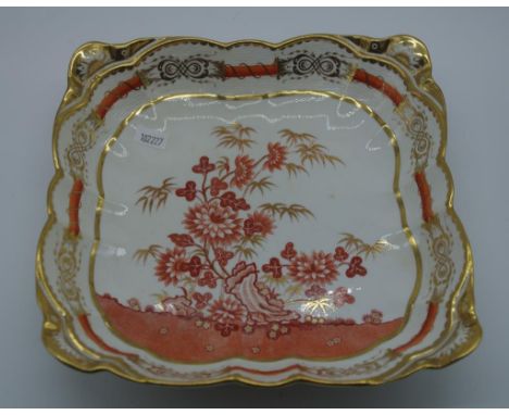 Spode hand painted square dish pink floral decoration. C:1815, Gilded rim and highlights. Pink printed mark to base. Dia21cms
