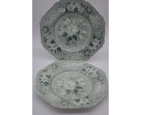 Pair Spode white rose on green pattern side plates both with impressed and printed marks to base. Dia22cms approx (each).