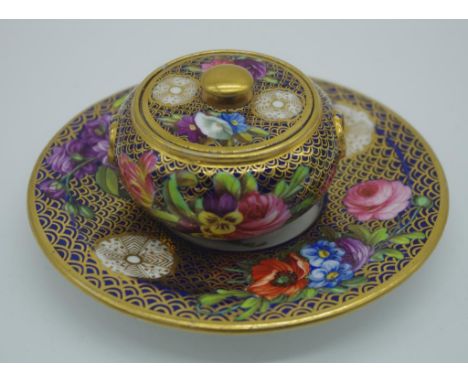 Spode miniature lidded bowl & under plate hand painted blossom decoration with gilt highlights. Handpainted mark and pattern 