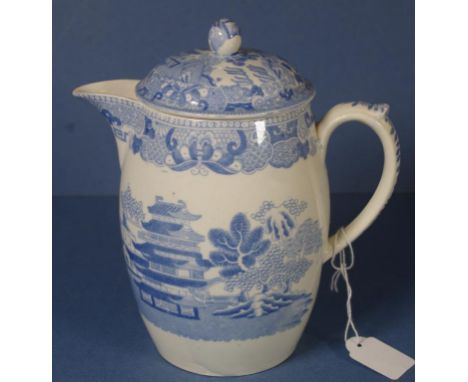 Spode Willow pattern lidded hot water jug transfer printed pearlware, printed SPODE mark to base. H17cms approx.