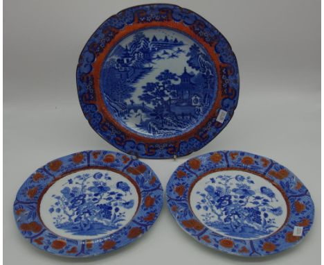 Pair Spode blue floral 'India' pattern plates together with Spode Willow pattern dinner plate. All with red over painting and