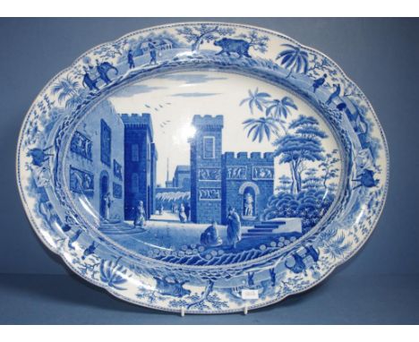 Spode Caramanian transfer printed platter 'The Castle of Boudron in the Gulf of Stancio'. Impressed SPODE mark to base. L47.5