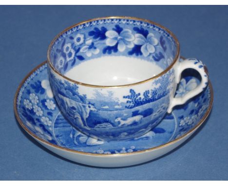 Spode Milkmaid pattern cup and saucer, with gilded rims, printed SPODE mark to bases, Height 7cm.