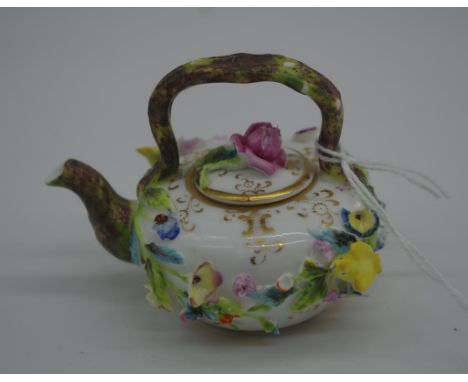 Spode flower encrusted miniature kettle painted mark & pattern no 4650 to base, 5.5cm high approx., (small losses)