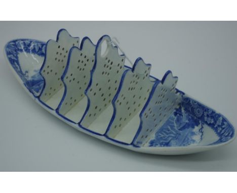 Spode blue & white pearlware toast rack 'Waterloo' Pattern, with church & gate scene