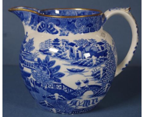 Spode Willow pattern jug gilded rim. Printed mark to base. H11cms approx.