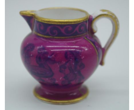 Spode miniature jug figure decoration on burgundy ground, with gilded highlights. Printed mark to base. H4.5cms approx.