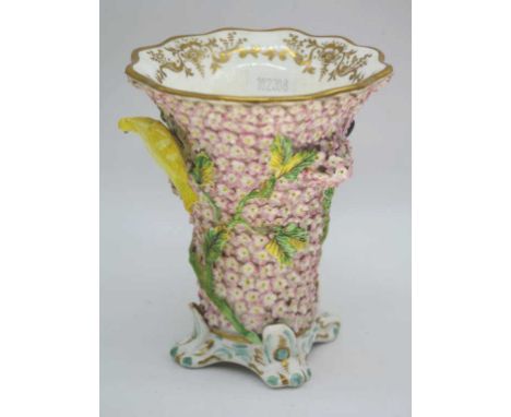 Spode flower & bird encrusted vase painted mark SPODE & no 4690 to base, 13cm high approx., (small losses.)