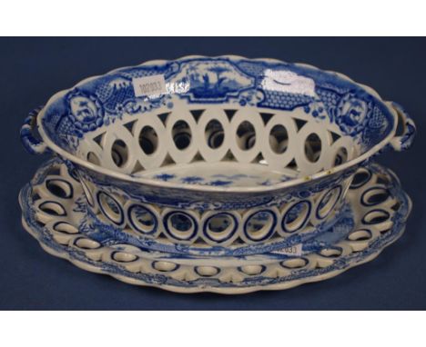Spode 'Gothic Castle' chestnut basket & stand pearlware with transfer printed decoration, both with pierced decoration. D22.5