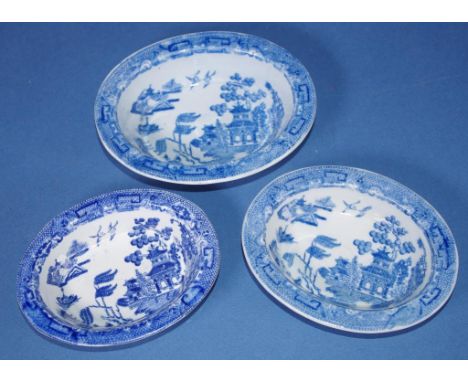 Three matching Spode Willow toy pie dishes 1 with printed Spode mark to base. L12.5cms approx (1) & L11cms approx (each of 2)