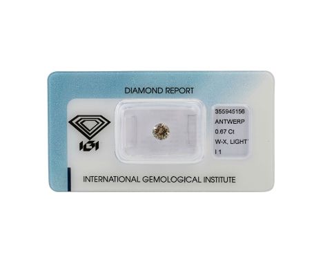 1 loser Brillant von 0,67 ct Light Brown (W-X)/I1, inkl. IGI Zertifikat. (LN01/21, 11)| Loose brilliant-cut diamond of 0.67 c
