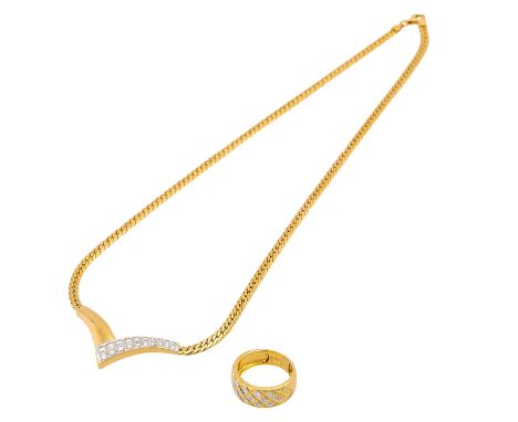 Schmuckkonvolut 2-teilig, GG 14K, 17,5 g, Händlerkonvolut bestehend aus 1 Ring Weite 53 und 1 Collier 45 cm, mit Diamant,  Ge