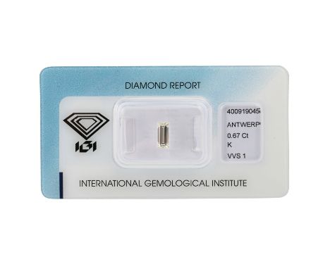 1 loser Diamant von 0,67 ct Baguette Schliff, GW+ (K)/VVS1, inkl. IGI Zertifikat. (LN01/21, 9)| Loose baguette-cut diamond of