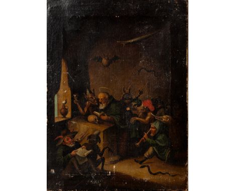 Spanish School 19th century."The Temptations of Saint Anthony".Oil on canvas.Measurements: 40 x 29,5 cm.It presents small scr