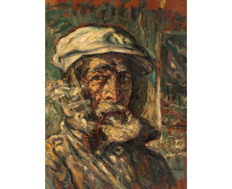 NICOLÁS RAURICH Y PETRE (Barcelona, 1871 - 1945)."Self-portrait of Francesc Gimeno with pipe".Oil on panel.Signed and dedicat