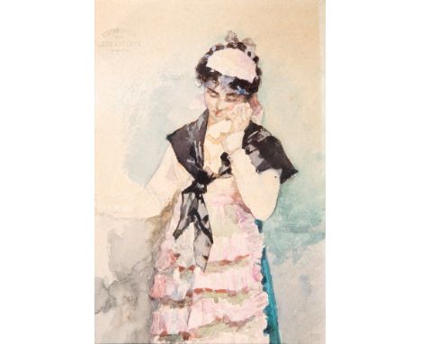 LUIS ÁLVAREZ CATALÁ (Madrid, 1836 - 1901)."Melancholic young woman".Watercolour and pencil on paper.Testamentary stamp in the