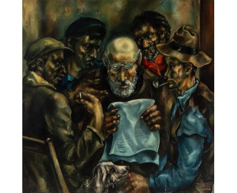 ANTONI COSTA TORRAS (Barcelona, 1904 - 1965)."Group of gentlemen reading".Oil on canvas.Precise restitutions and tear in the 
