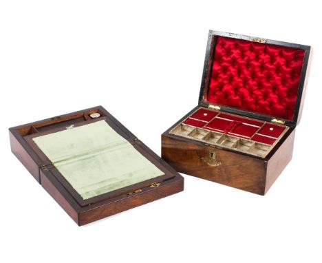 A 19th century rosewood writing box and a 19th century walnut workbox. The first with mother-of-pearl inlay, the interior fit