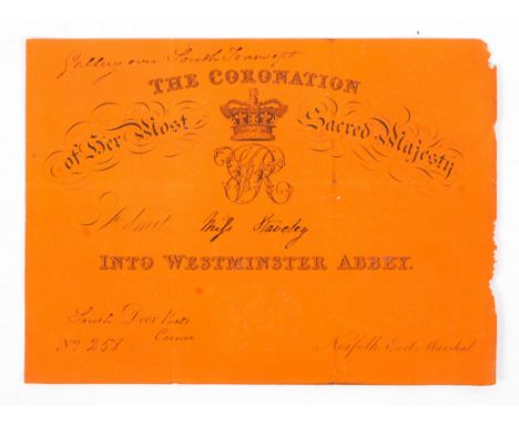 A ticket for Westminster Abbey for the 'Coronation of Her Most Sacred Majesty' (Queen Victoria). For the South Door in Poets 