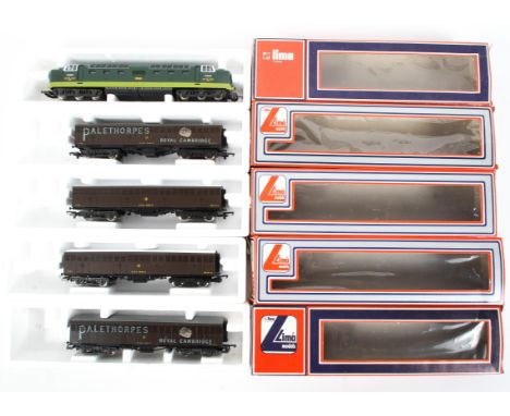 Five boxed Lima OO gauges. To include a diesel engine MELD D9003 5105W, two 30 5352 carriages and two 305351 carriages