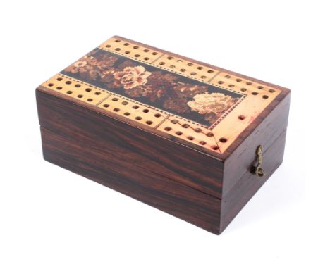 A wooden Tunbridge ware cribbage board. L12cm x D8cm x H5cm  Condition Report: Slight ink stain to one corner, slight surface