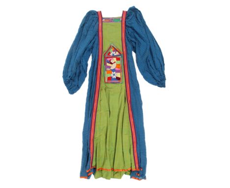 An embroidered cotton kaftan dress. The front an embroidered and mirrored bird pocket on a green ground, with blue sleeves, 1