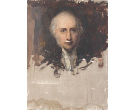 A late 18th/early 19th century portrait of a gentleman in black jacket, oil on canvas. Mounted on board, partly complete, unf
