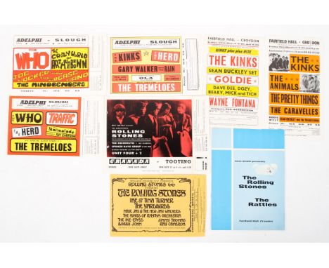 A collection of music handbills, circa 1960s. With artists including The Who, The Kinks, The Rolling Stones (with Tina Turner